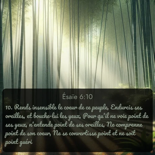 Segond Ésaïe  ; image nature: image avec le verset biblique :Rends insensible le coeur de ce peuple, Endurcis ses oreilles, et bouche-lui les yeux, Pour qu&#039;il ne voie point de ses yeux, n&#039;entende point de ses oreilles, Ne comprenne point de son coeur, Ne se convertisse point et ne soit point guéri. ;  ; 6:10