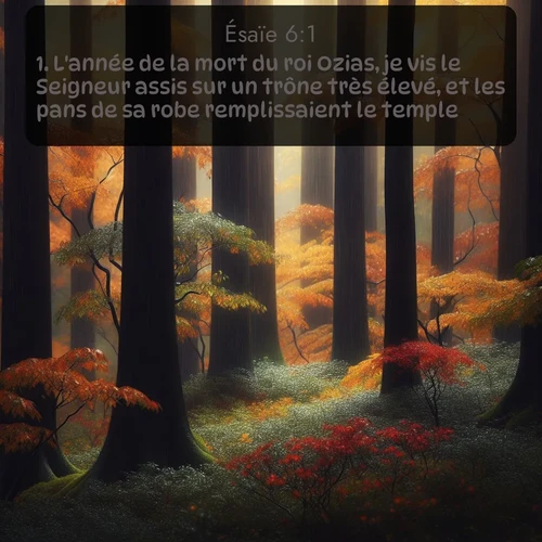 Segond Ésaïe  ; image nature: image avec le verset biblique :L&#039;année de la mort du roi Ozias, je vis le Seigneur assis sur un trône très élevé, et les pans de sa robe remplissaient le temple. ;  ; 6:1