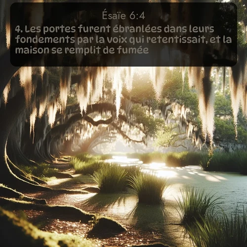 Segond Ésaïe  ; image nature: image avec le verset biblique :Les portes furent ébranlées dans leurs fondements par la voix qui retentissait, et la maison se remplit de fumée. ;  ; 6:4
