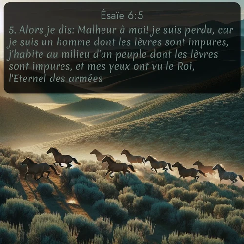 Segond Ésaïe  ; image nature: image avec le verset biblique :Alors je dis: Malheur à moi! je suis perdu, car je suis un homme dont les lèvres sont impures, j&#039;habite au milieu d&#039;un peuple dont les lèvres sont impures, et mes yeux ont vu le Roi, l&#039;</p><p>Lire le verset dans son contexte : <br><a href=