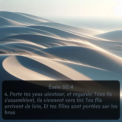 Segond Ésaïe  ; image nature: image avec le verset biblique :Porte tes yeux alentour, et regarde: Tous ils s&#039;assemblent, ils viennent vers toi; Tes fils arrivent de loin, Et tes filles sont portées sur les bras. ;  ; 60:4