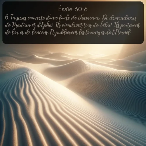 Segond Ésaïe  ; image nature: image avec le verset biblique :Tu seras couverte d&#039;une foule de chameaux, De dromadaires de Madian et d&#039;Epha; Ils viendront tous de Séba; Ils porteront de l&#039;or et de l&#039;encens, Et publieront les louanges de l&#039;Eternel. ;  ; 60:6