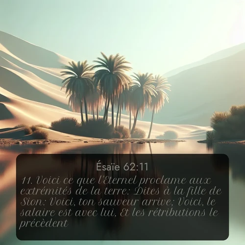 Segond Ésaïe  ; image nature: image avec le verset biblique :Voici ce que l&#039;Eternel proclame aux extrémités de la terre: Dites à la fille de Sion: Voici, ton sauveur arrive; Voici, le salaire est avec lui, Et les rétributions le précèdent. ;  ; 62:11