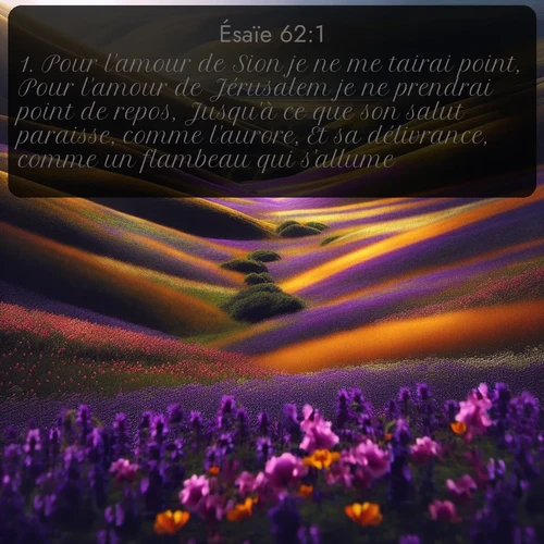 Segond Ésaïe  ; image nature: image avec le verset biblique :Pour l&#039;amour de Sion je ne me tairai point, Pour l&#039;amour de Jérusalem je ne prendrai point de repos, Jusqu&#039;à ce que son salut paraisse, comme l&#039;aurore, Et sa délivrance, comme un flambeau qui s&#039;allume. ;  ; 62:1