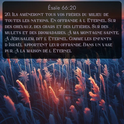 Segond Ésaïe  ; image nature: image avec le verset biblique :Ils amèneront tous vos frères du milieu de toutes les nations, En offrande à l&#039;Eternel, Sur des chevaux, des chars et des litières, Sur des mulets et des dromadaires, A ma montagne sainte, A Jérusalem, dit l&#039;Eternel, Comme les enfants d&#039;Israël apportent leur offrande, Dans un vase pur, A la maison de l&#039;Eternel. ;  ; 66:20