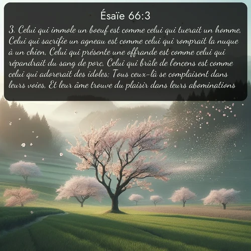 Segond Ésaïe  ; image nature: image avec le verset biblique :Celui qui immole un boeuf est comme celui qui tuerait un homme, Celui qui sacrifie un agneau est comme celui qui romprait la nuque à un chien, Celui qui présente une offrande est comme celui qui répandrait du sang de porc, Celui qui brûle de l&#039;encens est comme celui qui adorerait des idoles; Tous ceux-là se complaisent dans leurs voies, Et leur âme trouve du plaisir dans leurs abominations. ;  ; 66:3