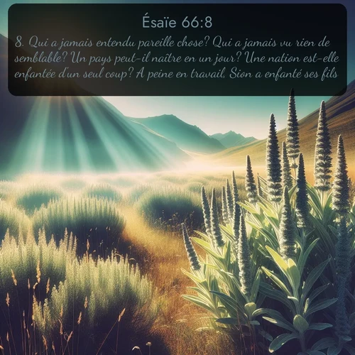 Segond Ésaïe  ; image nature: image avec le verset biblique :Qui a jamais entendu pareille chose? Qui a jamais vu rien de semblable? Un pays peut-il naître en un jour? Une nation est-elle enfantée d&#039;un seul coup? A peine en travail, Sion a enfanté ses fils! ;  ; 66:8