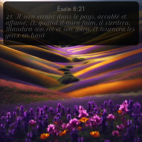 Segond Ésaïe  ; image nature: image avec le verset biblique :Il sera errant dans le pays, accablé et affamé; Et, quand il aura faim, il s&#039;irritera, Maudira son roi et son Dieu, Et tournera les yeux en haut; ;  ; 8:21