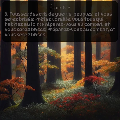 Segond Ésaïe  ; image nature: image avec le verset biblique :Poussez des cris de guerre, peuples! et vous serez brisés; Prêtez l&#039;oreille, vous tous qui habitez au loin! Préparez-vous au combat, et vous serez brisés; Préparez-vous au combat, et vous serez brisés. ;  ; 8:9