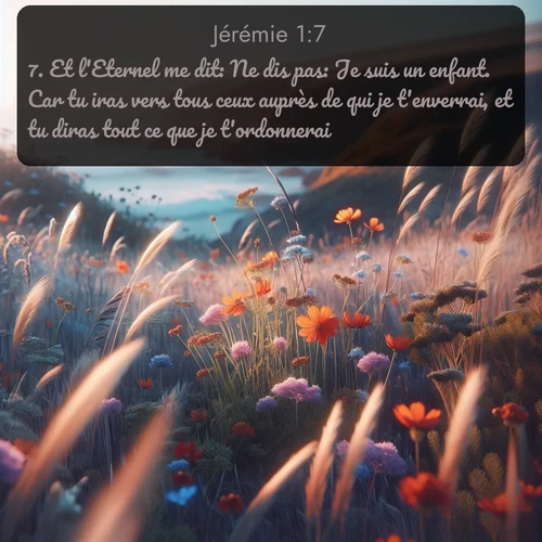 Segond Jérémie  ; image nature: image avec le verset biblique :Et l&#039;Eternel me dit: Ne dis pas: Je suis un enfant. Car tu iras vers tous ceux auprès de qui je t&#039;enverrai, et tu diras tout ce que je t&#039;ordonnerai. ;  ; 1:7