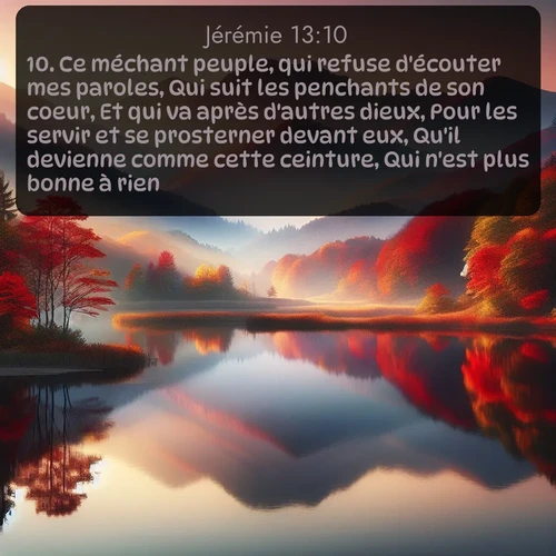 Segond Jérémie  ; image nature: image avec le verset biblique :Ce méchant peuple, qui refuse d&#039;écouter mes paroles, Qui suit les penchants de son coeur, Et qui va après d&#039;autres dieux, Pour les servir et se prosterner devant eux, Qu&#039;il devienne comme cette ceinture, Qui n&#039;est plus bonne à rien! ;  ; 13:10