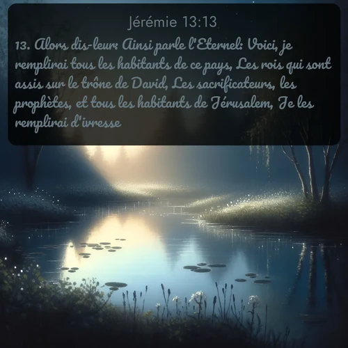 Segond Jérémie  ; image nature: image avec le verset biblique :Alors dis-leur: Ainsi parle l&#039;Eternel: Voici, je remplirai tous les habitants de ce pays, Les rois qui sont assis sur le trône de David, Les sacrificateurs, les prophètes, et tous les habitants de Jérusalem, Je les remplirai d&#039;ivresse. ;  ; 13:13