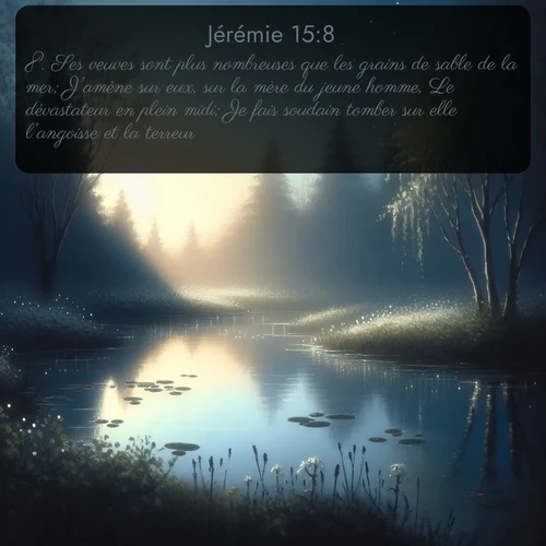 Segond Jérémie  ; image nature: image avec le verset biblique :Ses veuves sont plus nombreuses que les grains de sable de la mer; J&#039;amène sur eux, sur la mère du jeune homme, Le dévastateur en plein midi; Je fais soudain tomber sur elle l&#039;angoisse et la terreur. ;  ; 15:8