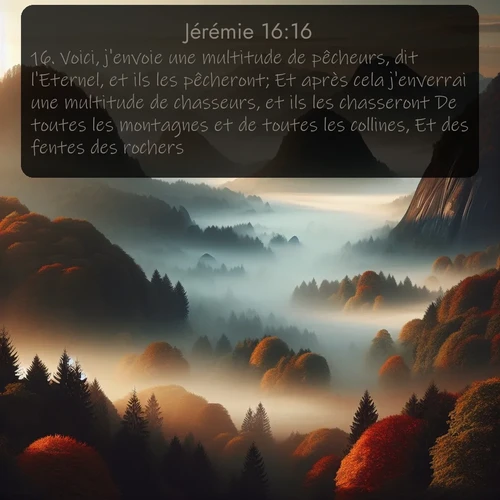 Segond Jérémie  ; image nature: image avec le verset biblique :Voici, j&#039;envoie une multitude de pêcheurs, dit l&#039;Eternel, et ils les pêcheront; Et après cela j&#039;enverrai une multitude de chasseurs, et ils les chasseront De toutes les montagnes et de toutes les collines, Et des fentes des rochers. ;  ; 16:16