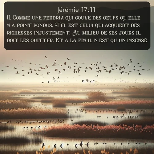 Segond Jérémie  ; image nature: image avec le verset biblique :Comme une perdrix qui couve des oeufs qu&#039;elle n&#039;a point pondus, Tel est celui qui acquiert des richesses injustement; Au milieu de ses jours il doit les quitter, Et à la fin il n&#039;est qu&#039;un insensé. ;  ; 17:11