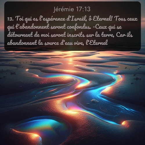 Segond Jérémie  ; image nature: image avec le verset biblique :Toi qui es l&#039;espérance d&#039;Israël, ô Eternel! Tous ceux qui t&#039;abandonnent seront confondus. -Ceux qui se détournent de moi seront inscrits sur la terre, Car ils abandonnent la source d&#039;eau vive, l&#039;Eternel. ;  ; 17:13