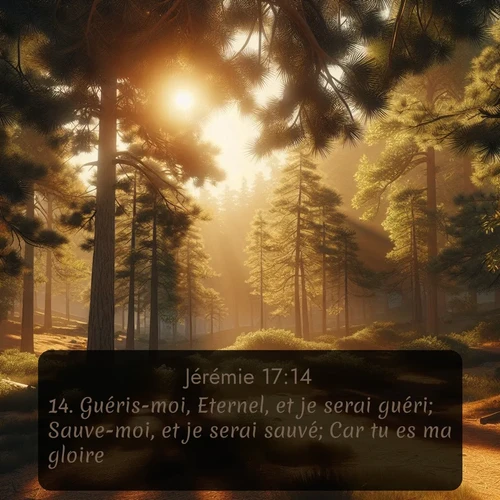 Segond Jérémie  ; image nature: image avec le verset biblique :Guéris-moi, Eternel, et je serai guéri; Sauve-moi, et je serai sauvé; Car tu es ma gloire. ;  ; 17:14