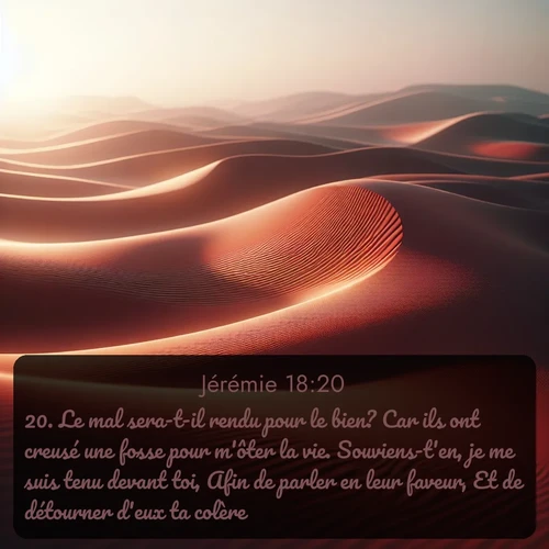 Segond Jérémie  ; image nature: image avec le verset biblique :Le mal sera-t-il rendu pour le bien? Car ils ont creusé une fosse pour m&#039;ôter la vie. Souviens-t&#039;en, je me suis tenu devant toi, Afin de parler en leur faveur, Et de détourner d&#039;eux ta colère. ;  ; 18:20