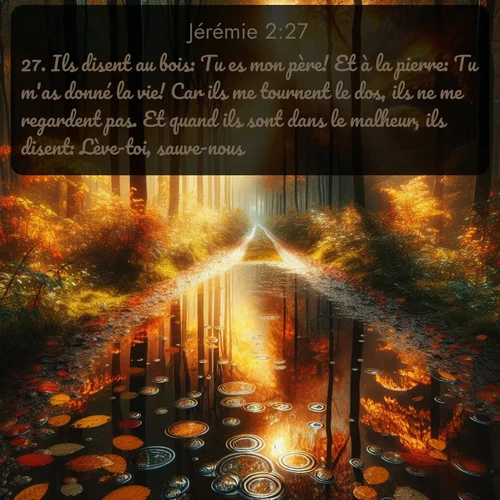 Segond Jérémie  ; image nature: image avec le verset biblique :Ils disent au bois: Tu es mon père! Et à la pierre: Tu m&#039;as donné la vie! Car ils me tournent le dos, ils ne me regardent pas. Et quand ils sont dans le malheur, ils disent: Lève-toi, sauve-nous! ;  ; 2:27