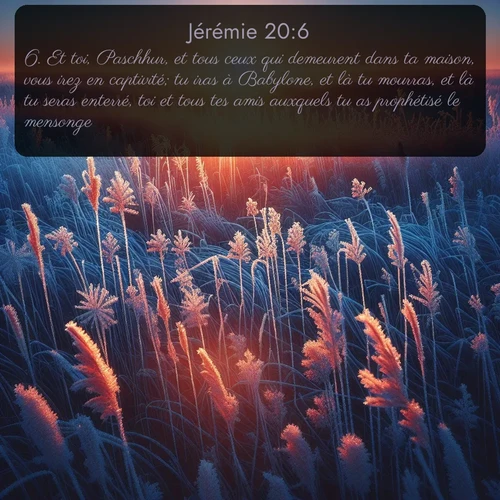 Segond Jérémie  ; image nature: image avec le verset biblique :Et toi, Paschhur, et tous ceux qui demeurent dans ta maison, vous irez en captivité; tu iras à Babylone, et là tu mourras, et là tu seras enterré, toi et tous tes amis auxquels tu as prophétisé le mensonge. ;  ; 20:6