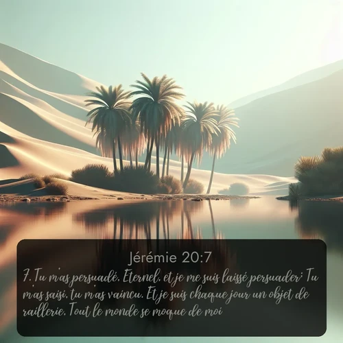 Segond Jérémie  ; image nature: image avec le verset biblique :Tu m&#039;as persuadé, Eternel, et je me suis laissé persuader; Tu m&#039;as saisi, tu m&#039;as vaincu. Et je suis chaque jour un objet de raillerie, Tout le monde se moque de moi. ;  ; 20:7