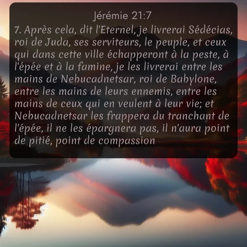 Segond Jérémie  ; image nature: image avec le verset biblique :Après cela, dit l&#039;Eternel, je livrerai Sédécias, roi de Juda, ses serviteurs, le peuple, et ceux qui dans cette ville échapperont à la peste, à l&#039;épée et à la famine, je les livrerai entre les mains de Nebucadnetsar, roi de Babylone, entre les mains de leurs ennemis, entre les mains de ceux qui en veulent à leur vie; et Nebucadnetsar les frappera du tranchant de l&#039;épée, il ne les épargnera pas, il n&#039;aura point de pitié, point de compassion. ;  ; 21:7