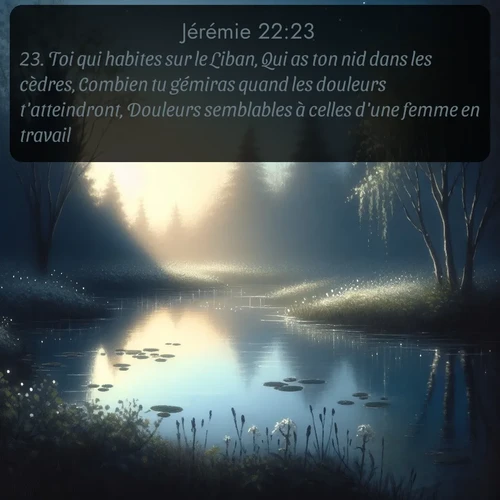 Segond Jérémie  ; image nature: image avec le verset biblique :Toi qui habites sur le Liban, Qui as ton nid dans les cèdres, Combien tu gémiras quand les douleurs t&#039;atteindront, Douleurs semblables à celles d&#039;une femme en travail! ;  ; 22:23