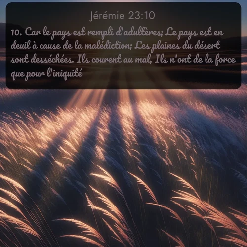 Segond Jérémie  ; image nature: image avec le verset biblique :Car le pays est rempli d&#039;adultères; Le pays est en deuil à cause de la malédiction; Les plaines du désert sont desséchées. Ils courent au mal, Ils n&#039;ont de la force que pour l&#039;iniquité. ;  ; 23:10