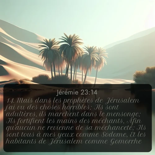 Segond Jérémie  ; image nature: image avec le verset biblique :Mais dans les prophètes de Jérusalem j&#039;ai vu des choses horribles; Ils sont adultères, ils marchent dans le mensonge; Ils fortifient les mains des méchants, Afin qu&#039;aucun ne revienne de sa méchanceté; Ils sont tous à mes yeux comme Sodome, Et les habitants de Jérusalem comme Gomorrhe. ;  ; 23:14