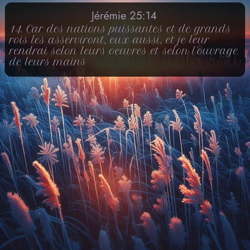 Segond Jérémie  ; image nature: image avec le verset biblique :Car des nations puissantes et de grands rois les asserviront, eux aussi, et je leur rendrai selon leurs oeuvres et selon l&#039;ouvrage de leurs mains. ;  ; 25:14