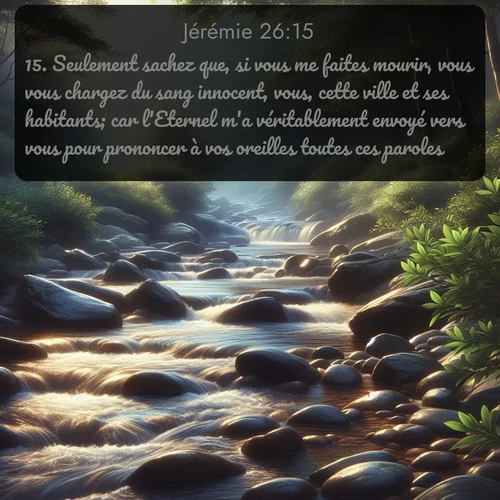 Segond Jérémie  ; image nature: image avec le verset biblique :Seulement sachez que, si vous me faites mourir, vous vous chargez du sang innocent, vous, cette ville et ses habitants; car l&#039;Eternel m&#039;a véritablement envoyé vers vous pour prononcer à vos oreilles toutes ces paroles. ;  ; 26:15