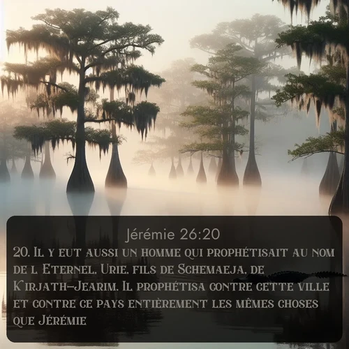 Segond Jérémie  ; image nature: image avec le verset biblique :Il y eut aussi un homme qui prophétisait au nom de l&#039;Eternel, Urie, fils de Schemaeja, de Kirjath-Jearim. Il prophétisa contre cette ville et contre ce pays entièrement les m</p><p>Lire le verset dans son contexte : <br><a href=