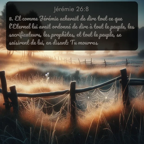 Segond Jérémie  ; image nature: image avec le verset biblique :Et comme Jérémie achevait de dire tout ce que l&#039;Eternel lui avait ordonné de dire à tout le peuple, les sacrificateurs, les prophètes, et tout le peuple, se saisirent de lui, en disant: Tu mourras! ;  ; 26:8