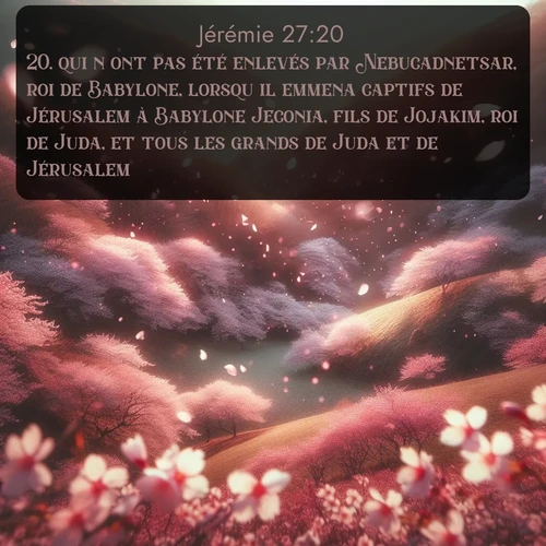 Segond Jérémie  ; image nature: image avec le verset biblique :qui n&#039;ont pas été enlevés par Nebucadnetsar, roi de Babylone, lorsqu&#039;il emmena captifs de Jérusalem à Babylone Jeconia, fils de Jojakim, roi de Juda, et tous les grand</p><p>Lire le verset dans son contexte : <br><a href=