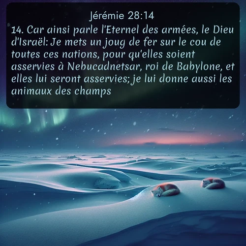 Segond Jérémie  ; image nature: image avec le verset biblique :Car ainsi parle l&#039;Eternel des armées, le Dieu d&#039;Israël: Je mets un joug de fer sur le cou de toutes ces nations, pour qu&#039;elles soient asservies à Nebucadnetsar, roi de Babylone, et elles lui seront asservies; je lui donne aussi les animaux des champs. ;  ; 28:14