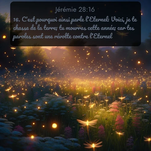 Segond Jérémie  ; image nature: image avec le verset biblique :C&#039;est pourquoi ainsi parle l&#039;Eternel: Voici, je te chasse de la terre; tu mourras cette année; car tes paroles sont une révolte contre l&#039;Eternel. ;  ; 28:16