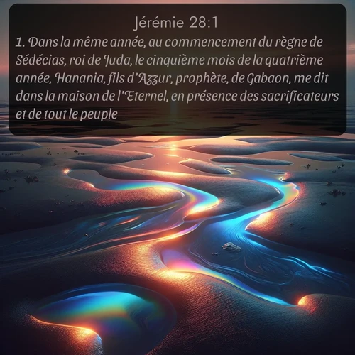 Segond Jérémie  ; image nature: image avec le verset biblique :Dans la même année, au commencement du règne de Sédécias, roi de Juda, le cinquième mois de la quatrième année, Hanania, fils d&#039;Azzur, prophète, de Gabaon, me dit dans la maison de l&#039;Eternel, en présence des sacrificateurs et de tout le peuple: ;  ; 28:1