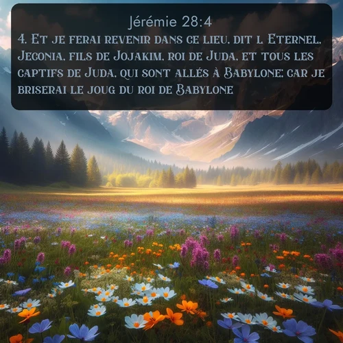 Segond Jérémie  ; image nature: image avec le verset biblique :Et je ferai revenir dans ce lieu, dit l&#039;Eternel, Jeconia, fils de Jojakim, roi de Juda, et tous les captifs de Juda, qui sont allés à Babylone; car je briserai le joug du roi de Babylone. ;  ; 28:4