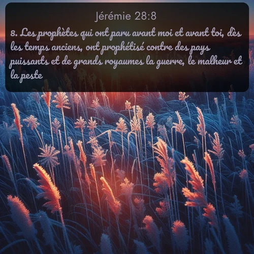 Segond Jérémie  ; image nature: image avec le verset biblique :Les prophètes qui ont paru avant moi et avant toi, dès les temps anciens, ont prophétisé contre des pays puissants et de grands royaumes la guerre, le malheur et la peste; ;  ; 28:8