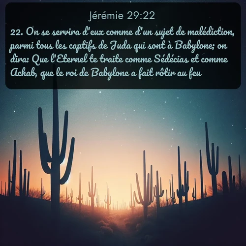 Segond Jérémie  ; image nature: image avec le verset biblique :On se servira d&#039;eux comme d&#039;un sujet de malédiction, parmi tous les captifs de Juda qui sont à Babylone; on dira: Que l&#039;Eternel te traite comme Sédécias et comme Achab, que le roi de Babylone a fait rôtir au feu! ;  ; 29:22