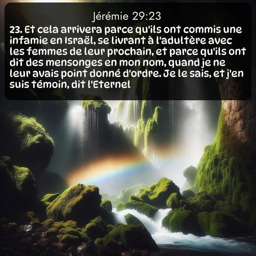 Segond Jérémie  ; image nature: image avec le verset biblique :Et cela arrivera parce qu&#039;ils ont commis une infamie en Israël, se livrant à l&#039;adultère avec les femmes de leur prochain, et parce qu&#039;ils ont dit des mensonges en mon nom, quand je ne leur avais point donné d&#039;ordre. Je le sais, et j&#039;en suis témoin, dit l&#039;Eternel. ;  ; 29:23