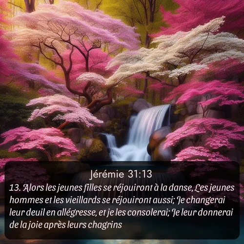 Segond Jérémie  ; image nature: image avec le verset biblique :Alors les jeunes filles se réjouiront à la danse, Les jeunes hommes et les vieillards se réjouiront aussi; Je changerai leur deuil en allégresse, et je les consolerai; Je leur donnerai de la joie après leurs chagrins. ;  ; 31:13