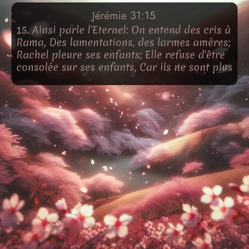 Segond Jérémie  ; image nature: image avec le verset biblique :Ainsi parle l&#039;Eternel: On entend des cris à Rama, Des lamentations, des larmes amères; Rachel pleure ses enfants; Elle refuse d&#039;être consolée sur ses enfants, Car ils ne sont plus. ;  ; 31:15