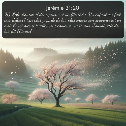 Segond Jérémie  ; image nature: image avec le verset biblique :Ephraïm est-il donc pour moi un fils chéri, Un enfant qui fait mes délices? Car plus je parle de lui, plus encore son souvenir est en moi; Aussi mes entrailles sont émues en sa faveur: J&#039;aurai pitié de lui, dit l&#039;Eternel. - ;  ; 31:20