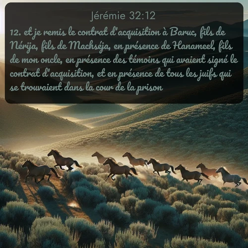 Segond Jérémie  ; image nature: image avec le verset biblique :et je remis le contrat d&#039;acquisition à Baruc, fils de Nérija, fils de Machséja, en présence de Hanameel, fils de mon oncle, en présence des témoins qui avaient signé le contrat d&#039;acquisition, et en présence de tous les juifs qui se trouvaient dans la cour de la prison. ;  ; 32:12