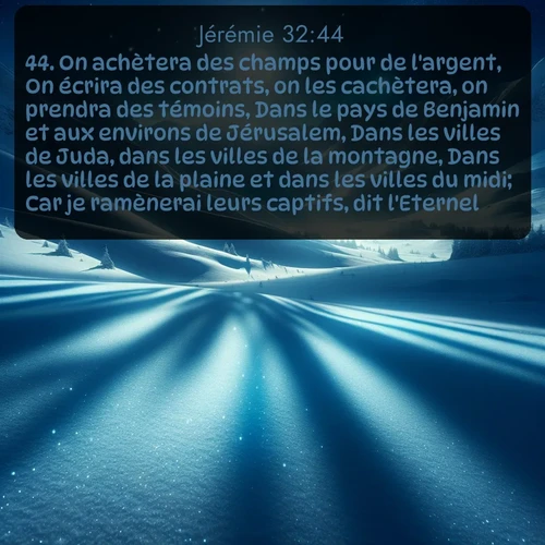 Segond Jérémie  ; image nature: image avec le verset biblique :On achètera des champs pour de l&#039;argent, On écrira des contrats, on les cachètera, on prendra des témoins, Dans le pays de Benjamin et aux environs de Jérusalem, Dans les villes de Juda, dans les villes de la montagne, Dans les villes de la plaine et dans les villes du midi; Car je ramènerai leurs captifs, dit l&#039;Eternel. ;  ; 32:44