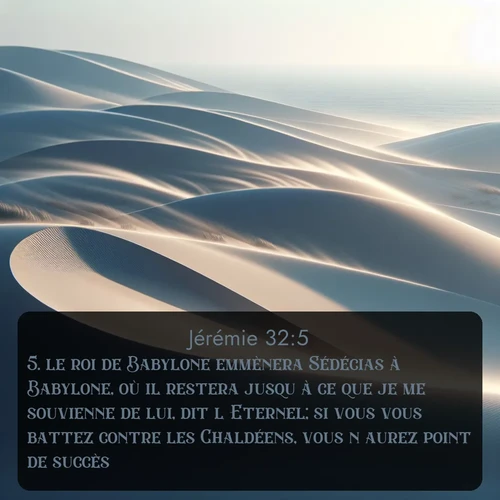 Segond Jérémie  ; image nature: image avec le verset biblique :le roi de Babylone emmènera Sédécias à Babylone, où il restera jusqu&#039;à ce que je me souvienne de lui, dit l&#039;Eternel; si vous vous battez contre les Chaldéens, vous n&#039;aurez point de succès. ;  ; 32:5