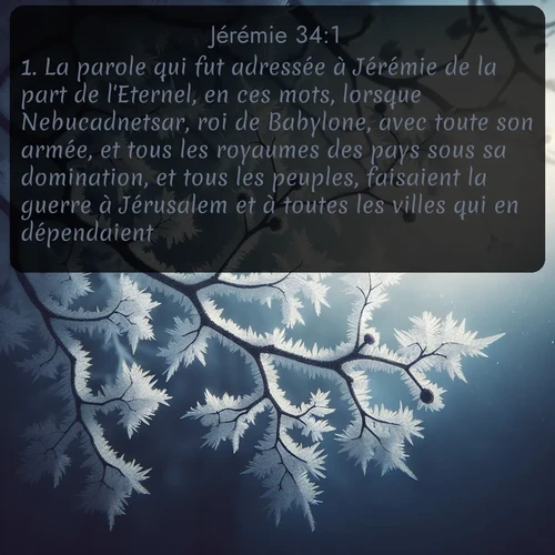 Segond Jérémie  ; image nature: image avec le verset biblique :La parole qui fut adressée à Jérémie de la part de l&#039;Eternel, en ces mots, lorsque Nebucadnetsar, roi de Babylone, avec toute son armée, et tous les royaumes des pays sous sa domination, et tous les peuples, faisaient la guerre à Jérusalem et à toutes les villes qui en dépendaient: ;  ; 34:1