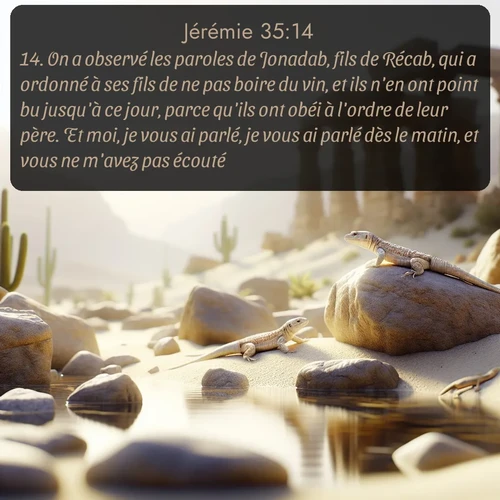 Segond Jérémie  ; image nature: image avec le verset biblique :On a observé les paroles de Jonadab, fils de Récab, qui a ordonné à ses fils de ne pas boire du vin, et ils n&#039;en ont point bu jusqu&#039;à ce jour, parce qu&#039;ils ont obéi à l&#039;ordre de leur père. Et moi, je vous ai parlé, je vous ai parlé dès le matin, et vous ne m&#039;avez pas écouté. ;  ; 35:14