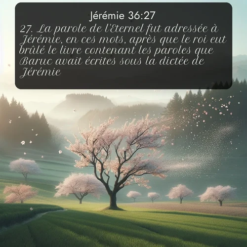 Segond Jérémie  ; image nature: image avec le verset biblique :La parole de l&#039;Eternel fut adressée à Jérémie, en ces mots, après que le roi eut brûlé le livre contenant les paroles que Baruc avait écrites sous la dictée de Jérémie: ;  ; 36:27